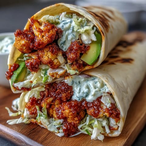 Crispy baked cauliflower florets coated in spicy buffalo sauce and creamy ranch slaw inside a warm flour tortilla.