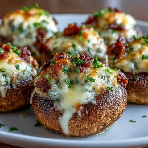 Freshly baked Keto Bacon and Cheese Stuffed Mushrooms arranged on a rustic wooden board, garnished with chopped parsley and ready to serve as a low-carb appetizer.