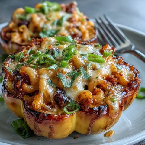 2. A hearty vegetarian dish of acorn squash filled with cheesy chili mac, topped with fresh cilantro and green onions.  