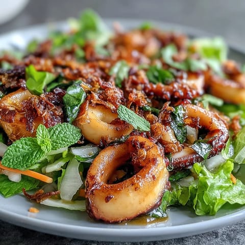 Zesty squid salad tossed with chilli-lime dressing, crunchy shallots, and mixed greens for a refreshing Asian-inspired dish.  