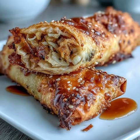 Crispy air fryer vegetable egg rolls filled with cabbage, carrots, and mushrooms, served with a tangy soy ginger glaze.  