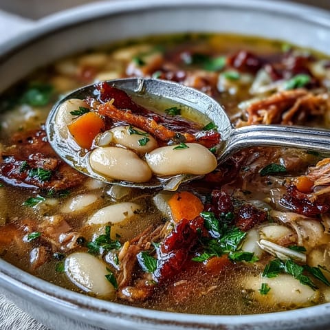 Hearty Southern white bean and ham hock soup simmered with carrots, celery, and thyme for a comforting winter meal.  