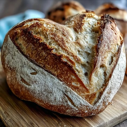 Heart-shaped sourdough bread with crisp golden crust and artistic flour patterns, perfect for Valentine's Day celebrations or special occasions.  