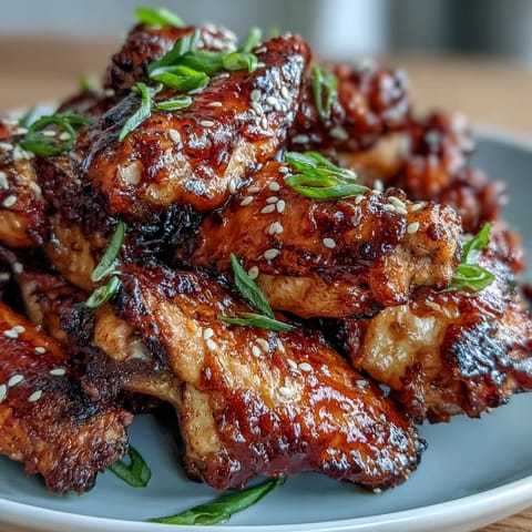 Crispy air fryer chicken wings glazed with sweet honey garlic sauce, garnished with sesame seeds and green onions for an Asian-inspired appetizer.