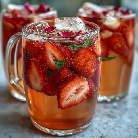 A vibrant pitcher of strawberry rose lemonade with fresh fruit slices and edible rose petals, perfect for summer gatherings.