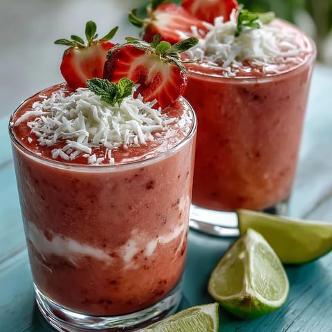 Creamy tropical smoothie with bright red strawberries, coconut milk, and a refreshing lime twist, served in chilled glasses.  