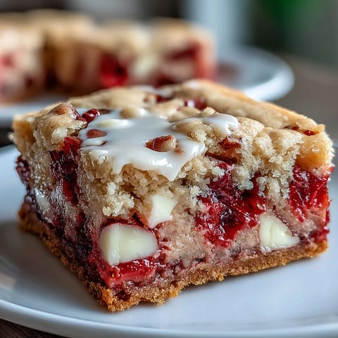 Buttery cookie bars filled with juicy strawberries and rich white chocolate, ideal for spring parties.  