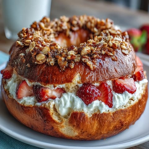 Strawberry Cheesecake Protein Bagels with Crumble Topping: golden bagels filled with creamy cheesecake and fresh strawberries, topped with buttery oat crumble.