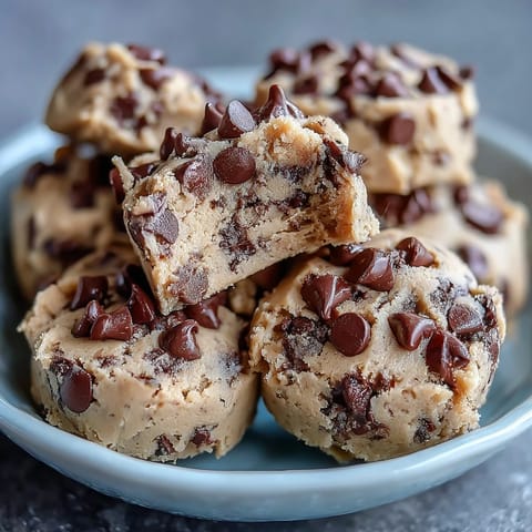 A bowl of edible protein cookie dough with chocolate chips, perfect for a healthy, high-protein snack.  