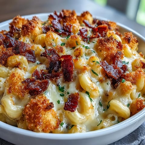 Rich cheese sauce coats tender pasta in this classic mac and cheese bake, elevated by smoky bacon and golden panko crumbs.  