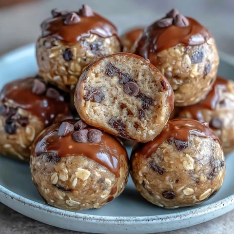 Peanut butter energy balls with dark chocolate chips arranged on a white plate, showcasing a healthy, no-bake snack.