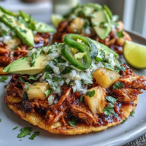 Zesty chicken pineapple salsa tostadas topped with vibrant veggies and a squeeze of lime for a refreshing meal.  