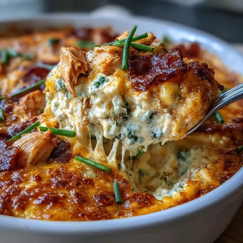 Creamy high-protein cottage cheese Buffalo chicken dip baked until bubbly and topped with green onions.