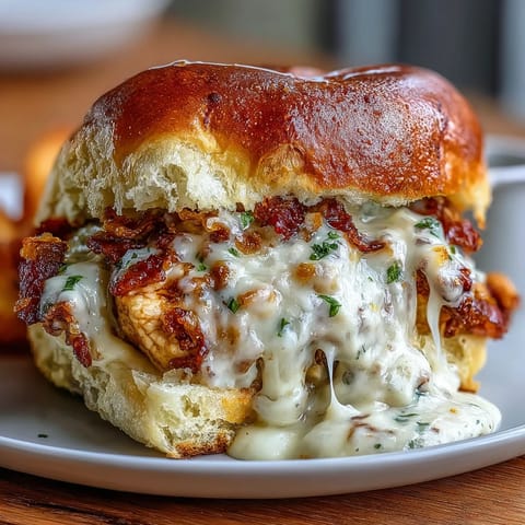 Mini brioche buns piled high with turkey, tomatoes, and bubbly cheese sauce, a perfect bite for Derby Day parties.  