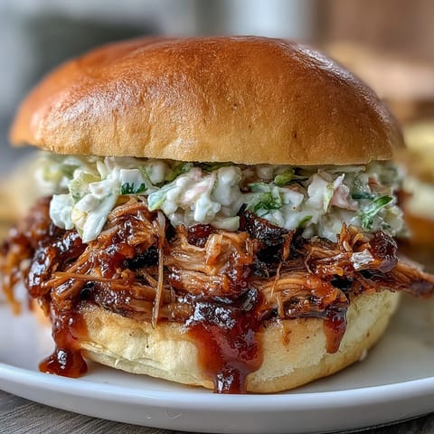 Tender, smoky pork piled high on soft slider buns, topped with crunchy, tangy coleslaw for a crowd-pleasing bite.  