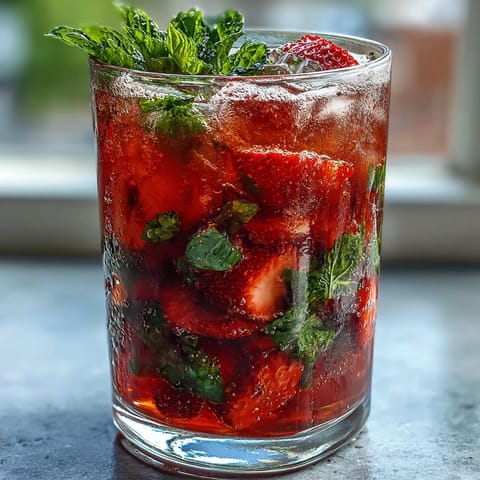 Refreshing strawberry mint mocktail pitcher filled with muddled berries, zesty citrus, and sparkling water for a festive non-alcoholic drink.