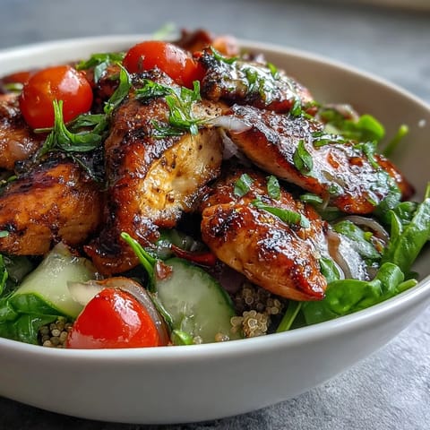 Vibrant Lemon Vinaigrette Grilled Chicken and Veggie Bowl with colorful vegetables and zesty dressing.