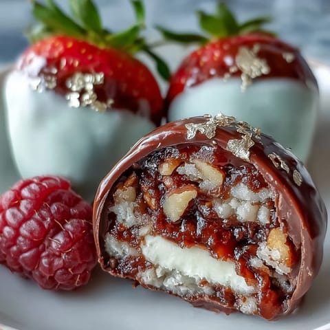 Dubai Chocolate Strawberry Easter Eggs with Crunch Filling, glossy red chocolate shells filled with nutty, crispy hazelnut spread filling.