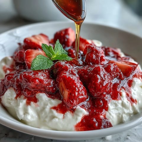 Creamy Greek yogurt topped with homemade strawberry compote and a drizzle of honey.