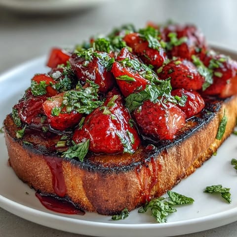 Fresh strawberry bruschetta with balsamic glaze and mint, toasted baguette slices topped with juicy strawberries and drizzled with tangy balsamic reduction.