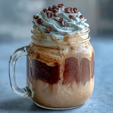 Vanilla Bean Frappuccino Overnight Oats Jar with creamy vanilla and coffee layers, topped with whipped cream and chocolate chips.