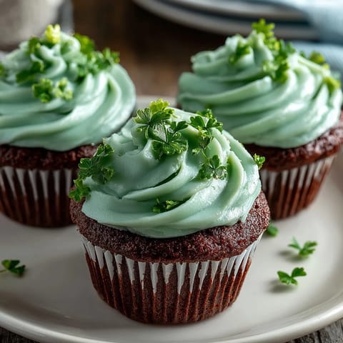 St. Patricks Day green velvet cupcakes with cream cheese frosting in a festive display.