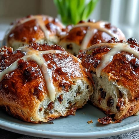 Soft, spiced hot cross buns with dried fruit and a glossy citrus glaze, perfect for spring brunch.  