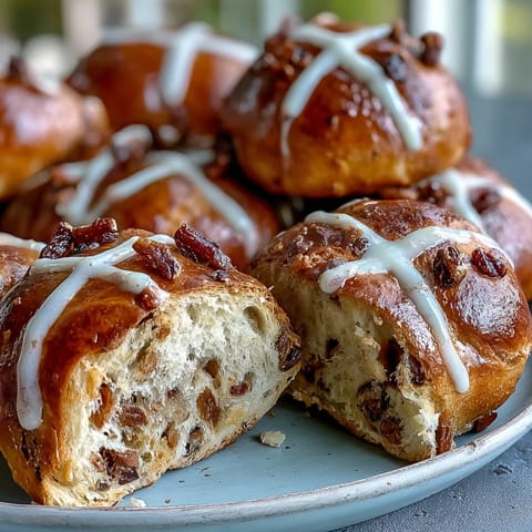 Warm, fragrant hot cross buns topped with zesty citrus glaze, studded with plump raisins and candied peel.  