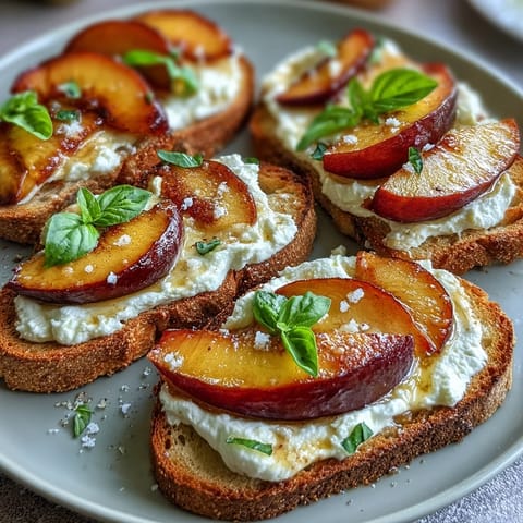 Creamy burrata and juicy honey-glazed peaches top rustic sourdough in this vibrant spring brunch toast.