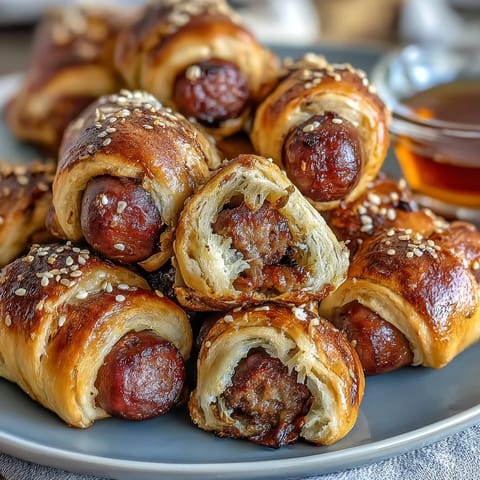 Golden baked mini pigs in a blanket served with tangy honey Dijon dipping sauce for a crowd-pleasing appetizer.  