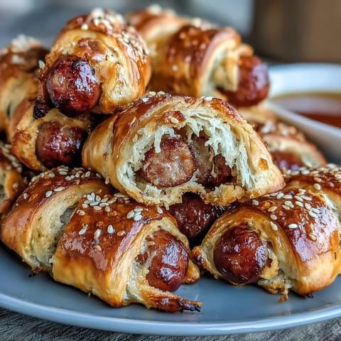 Flaky pastry-wrapped cocktail sausages arranged on a platter with creamy mustard dip, perfect for game day parties.  