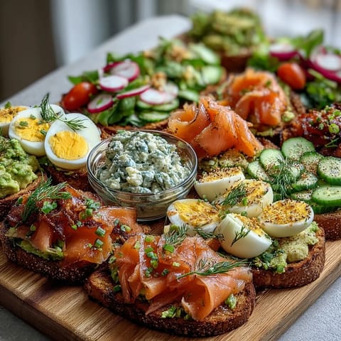 Vibrant spring brunch avocado toast board with smoked salmon, fresh vegetables, and creamy avocado spread for sharing.  