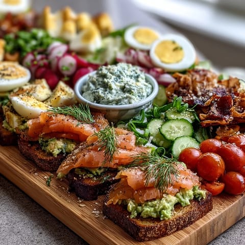 Customizable avocado toast platter featuring smoked salmon, cherry tomatoes, cucumber, and radishes on rustic sourdough bread.  