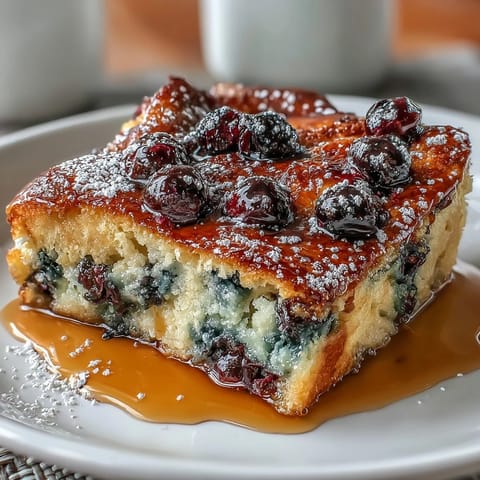 Blueberry Pancake Casserole Baked in the Oven, golden and fluffy with juicy berries, served warm with maple syrup for a comforting breakfast.