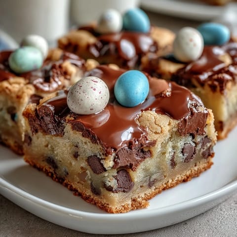 Chewy peanut butter cookie bars with colorful Easter egg candies baked to golden perfection.  