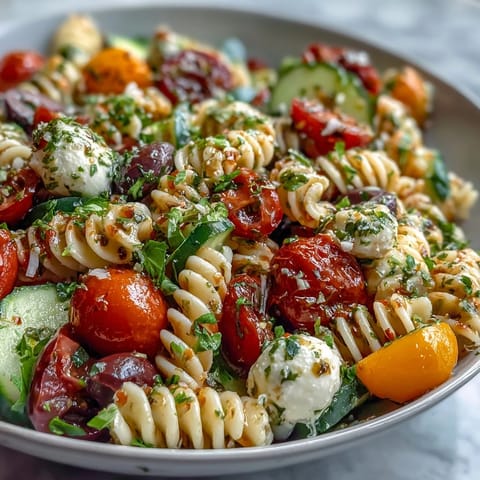 Easy Picnic Pasta Salad with Italian Dressing, a colorful dish with crisp veggies and mozzarella pearls in zesty dressing.
