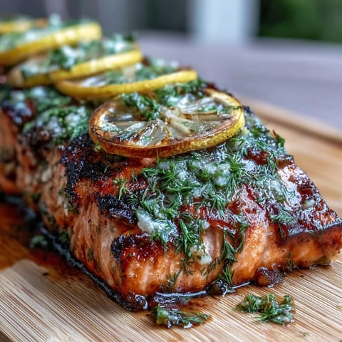 Grilled cedar plank salmon with fresh dill and lemon slices, summery aroma.