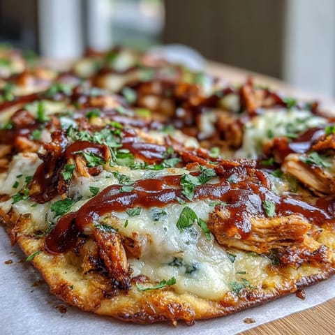 Smoky BBQ chicken flatbread pizza with melted mozzarella, red onion, and bell peppers on a crispy crust.