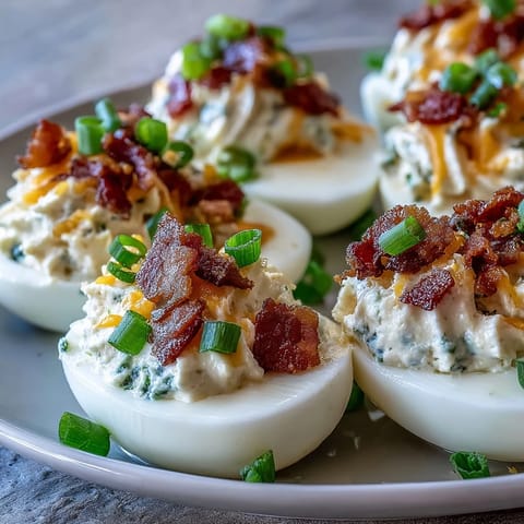 Creamy jalapeño popper deviled eggs topped with fresh jalapeños and smoky bacon crumbles.  