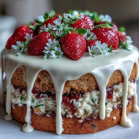 Beautiful Spring Cake with floral white chocolate drip and fresh strawberry frosting, perfect for seasonal celebrations.