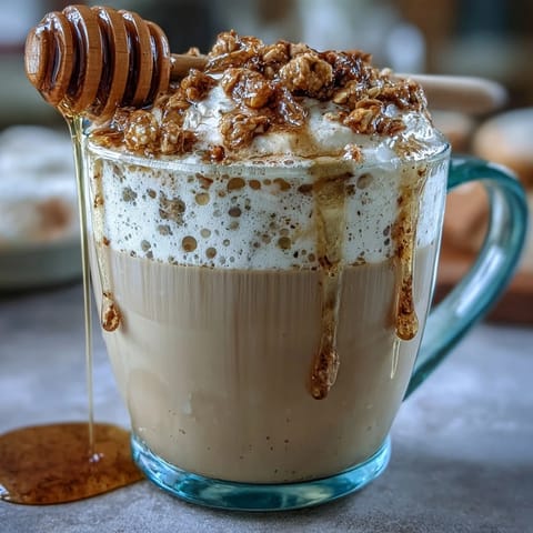 Cozy dandelion tea latte with creamy oat milk and sweet honey.