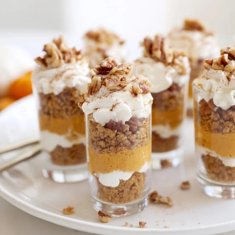 Festive Thanksgiving Dessert Shooters layered with creamy pumpkin and spiced cheesecake delight.