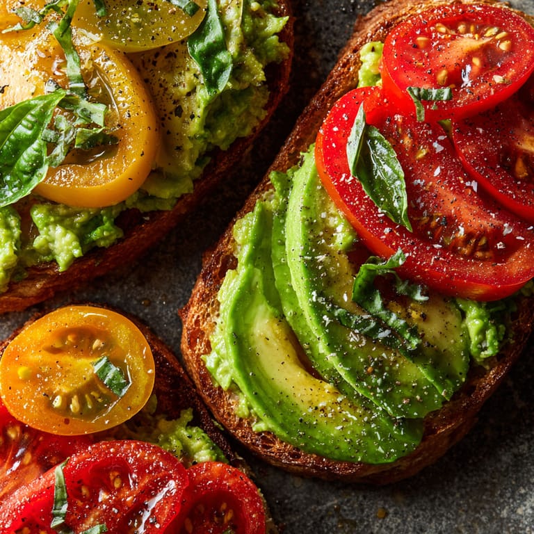 Toast with avocado, tomatoes, and basil.