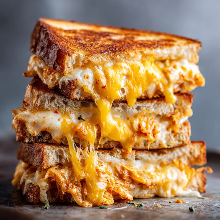 A stack of grilled cheese sandwiches with cheddar and kimchi.