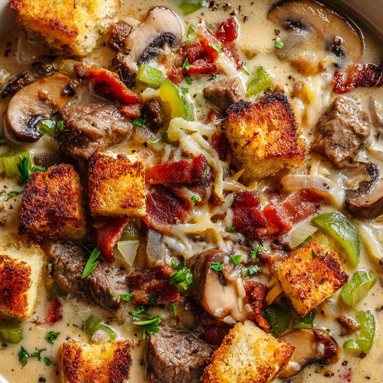 A bowl of soup with meat, mushrooms, and bread.