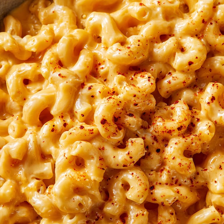 A close up of macaroni and cheese with a sprinkle of paprika.