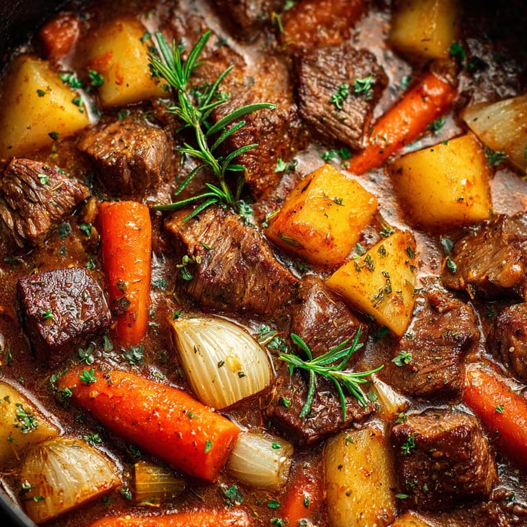 A pot of beef stew with carrots and onions.