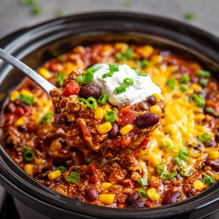 A bowl of chili with a spoon in it.