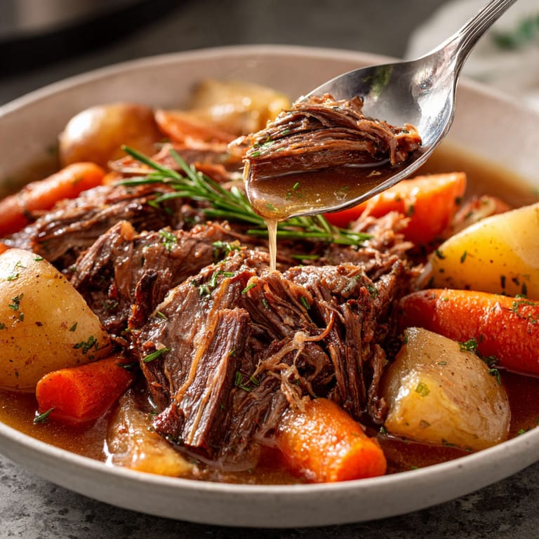 A bowl of beef stew with a spoon in it.