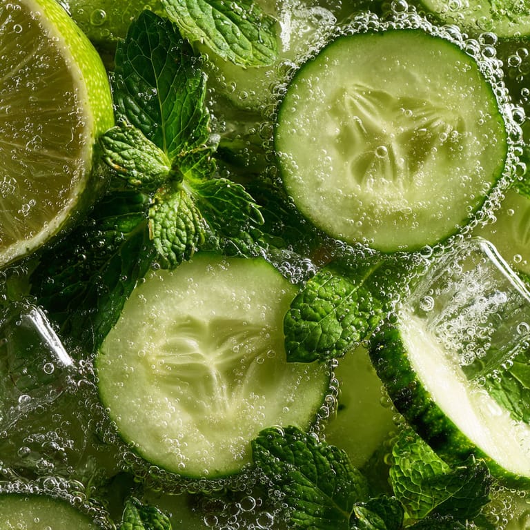 A glass of water with cucumber slices in it.